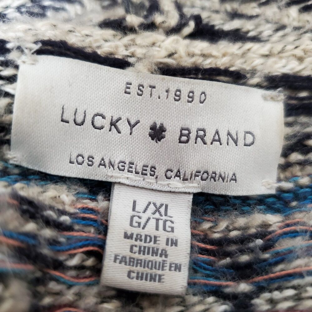 Lucky Brand Cardigan Sweater Size L/XL Oatmeal Tribal Aztec Western Open Front - Picture 10 of 12